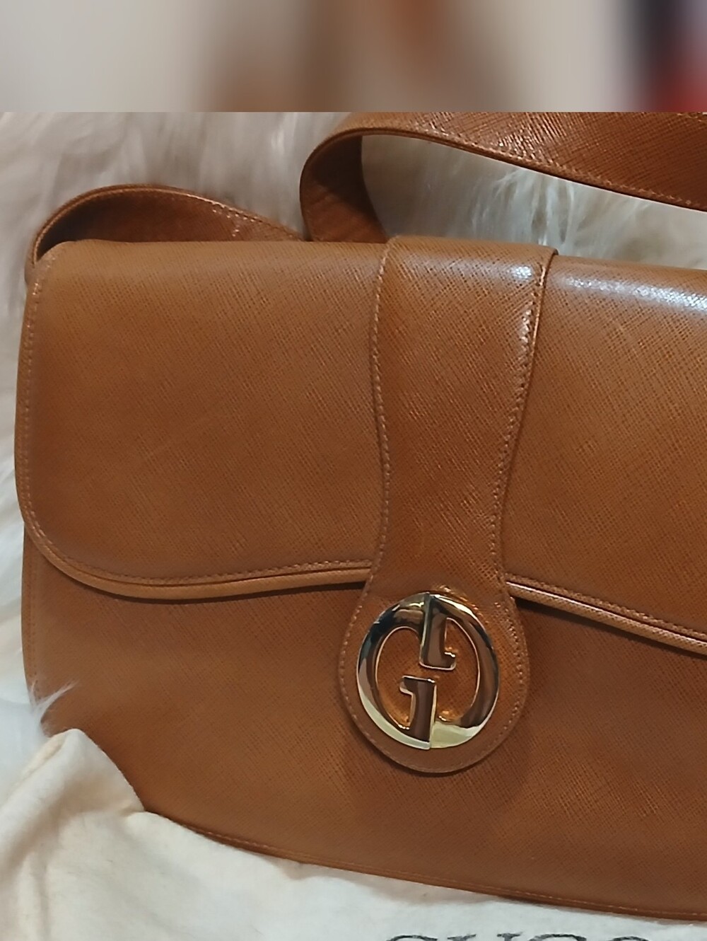Vintage RARE Gucci Brown Leather Shoulder Bag with Gold GG Emblem W/ Dust Bag